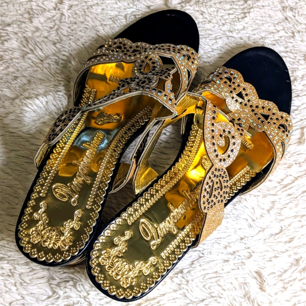 Elegant Gold and Black Women's Sandals Glitter Shimmer Rhinestone Sparkly - Picture 2 of 5